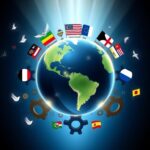 Flick International Stylized globe representing global assistance and cooperation with symbolic flags and doves