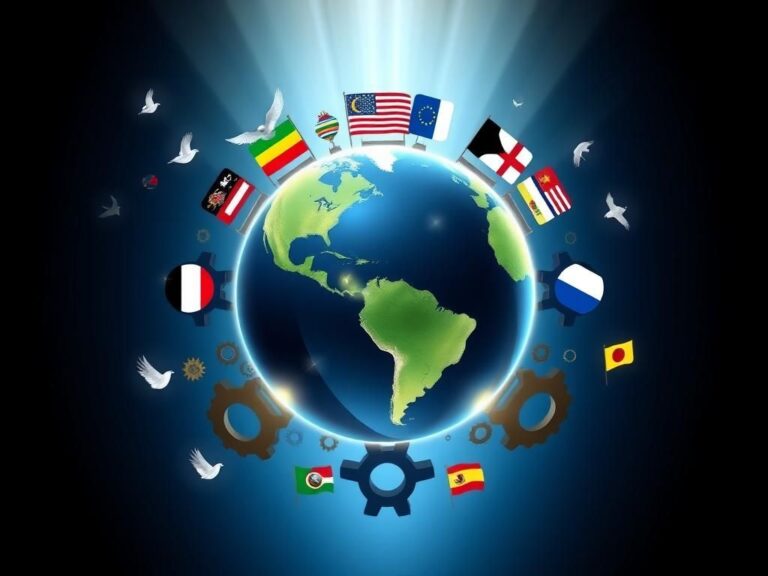 Flick International Stylized globe representing global assistance and cooperation with symbolic flags and doves