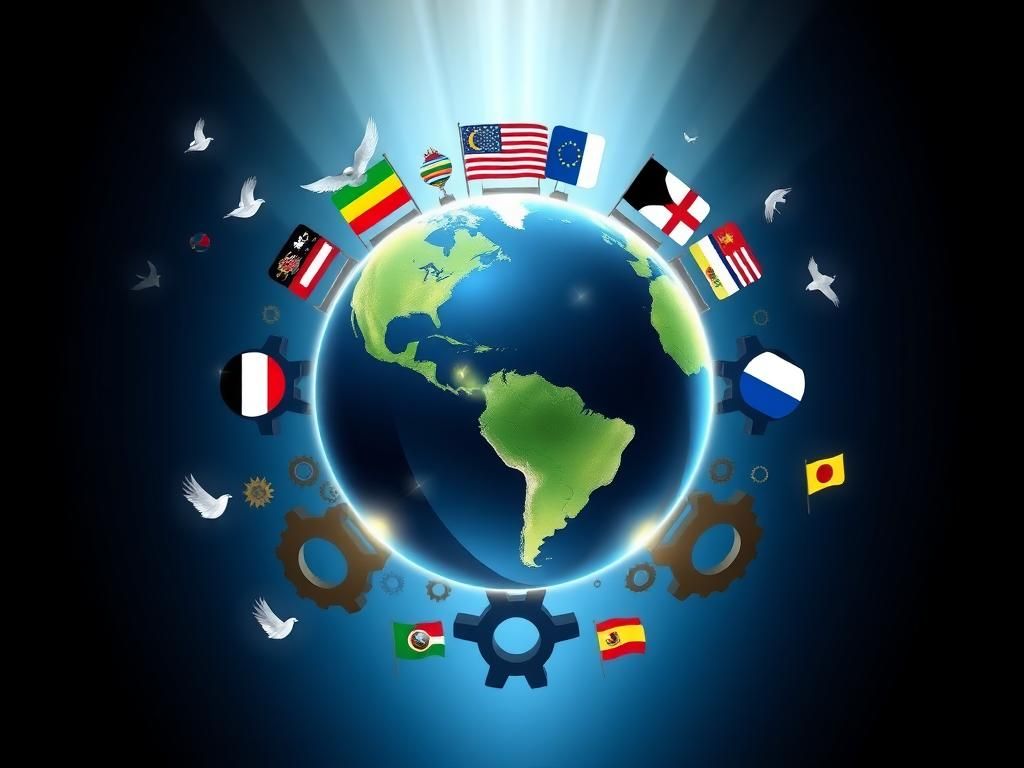 Flick International Stylized globe representing global assistance and cooperation with symbolic flags and doves