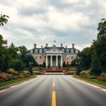 Flick International A sprawling view of the Illinois governor's mansion with vibrant gardens and an empty street