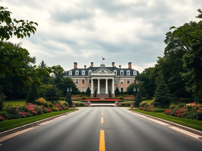 Flick International A sprawling view of the Illinois governor's mansion with vibrant gardens and an empty street