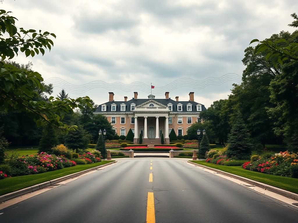 Flick International A sprawling view of the Illinois governor's mansion with vibrant gardens and an empty street