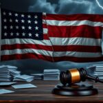 Flick International A cracked American flag against a stormy sky representing political division
