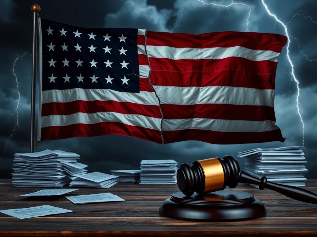 Flick International A cracked American flag against a stormy sky representing political division