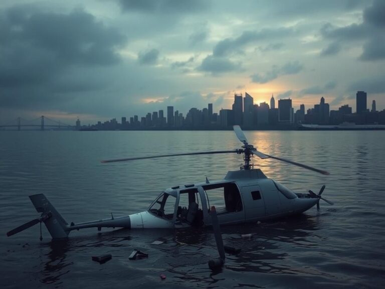 Flick International Fragments of a helicopter fuselage partially submerged in the Hudson River after a fatal crash.