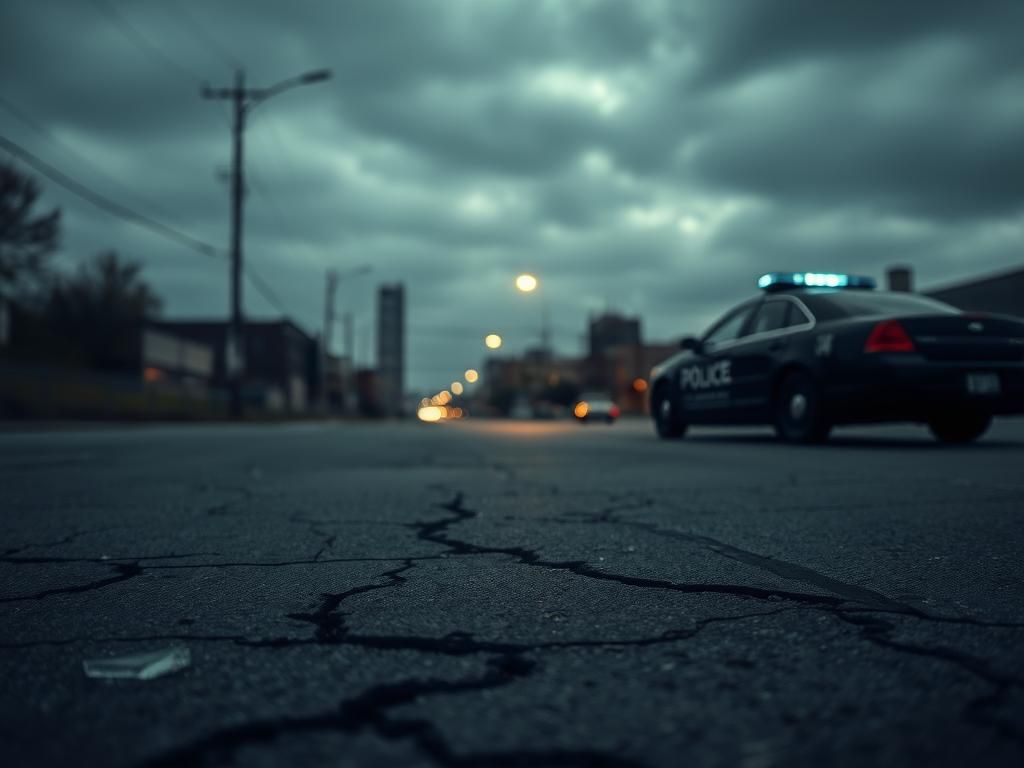 Flick International Cracked pavement and shadowy police car in Memphis symbolizing tension and injustice