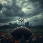 Flick International Dark stormy sky over a football field featuring the Pittsburgh Steelers logo