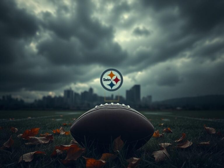 Flick International Dark stormy sky over a football field featuring the Pittsburgh Steelers logo