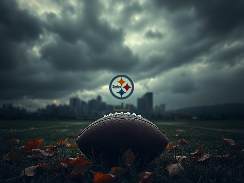 Flick International Dark stormy sky over a football field featuring the Pittsburgh Steelers logo