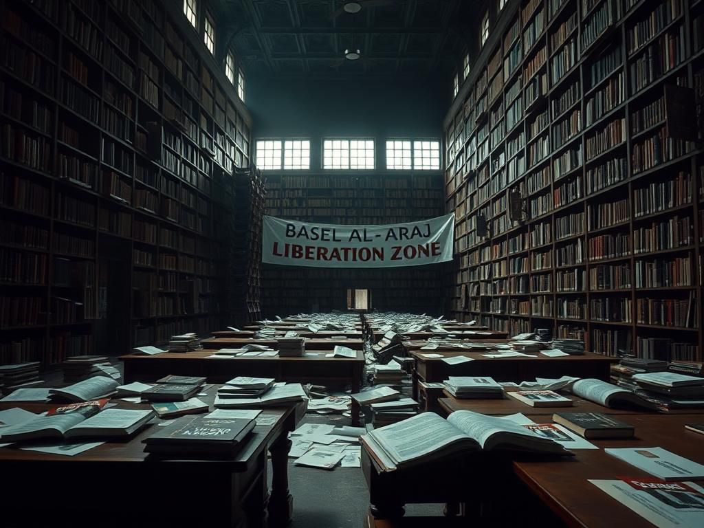 Flick International Protest materials scattered on study desks in Columbia University library