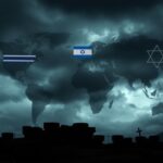 Flick International A somber landscape depicting rising antisemitism with symbols of seven countries and dark stormy background
