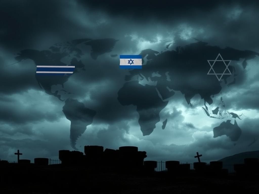 Flick International A somber landscape depicting rising antisemitism with symbols of seven countries and dark stormy background