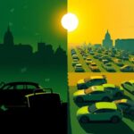 Flick International Abstract representation of the tension between gas-powered cars and electric vehicles