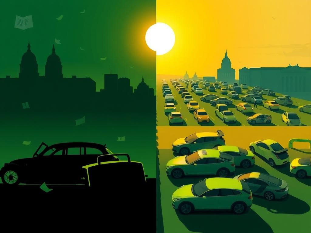 Flick International Abstract representation of the tension between gas-powered cars and electric vehicles