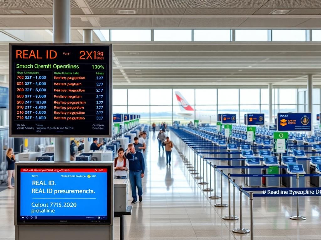 Flick International A bustling airport terminal scene showcasing check-in counters and security checkpoints highlighting REAL ID requirements