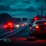 Flick International Highway patrol car with flashing lights parked at a dimly lit highway during an operational arrest.