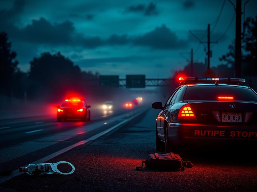 Flick International Highway patrol car with flashing lights parked at a dimly lit highway during an operational arrest.