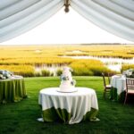 Flick International Serene wedding scene in Lowcountry setting with sailcloth tent and vibrant greenery