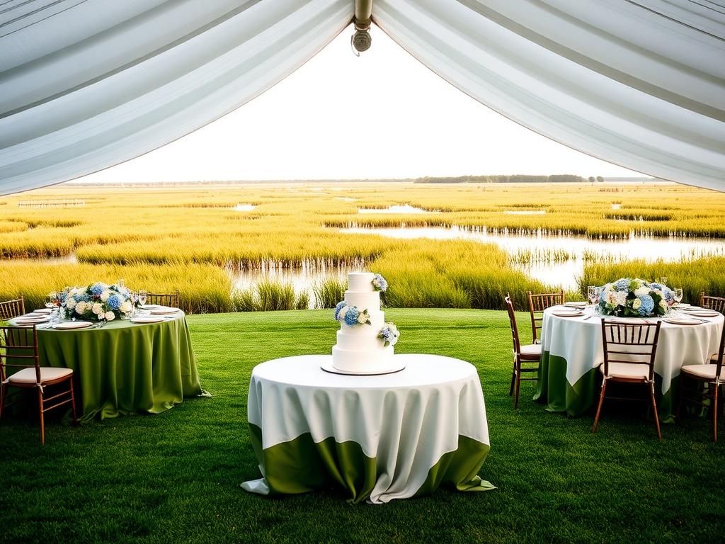 Flick International Serene wedding scene in Lowcountry setting with sailcloth tent and vibrant greenery