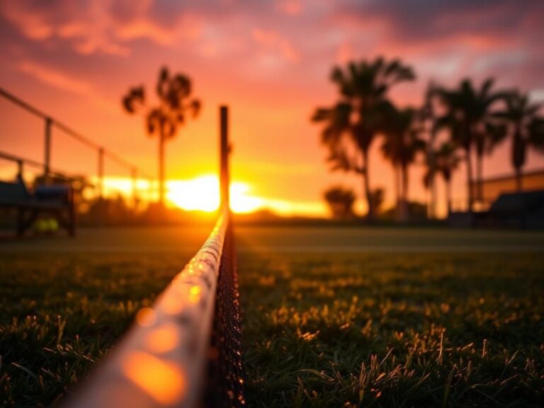 Flick International Close-up view of a tennis court at sunrise with dew on the grass and blurred tennis rackets in the background