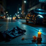 Flick International Dark street scene in Downtown Dallas with a sleek black Mercedes and an abandoned black jacket symbolizing loss