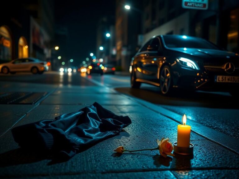 Flick International Dark street scene in Downtown Dallas with a sleek black Mercedes and an abandoned black jacket symbolizing loss