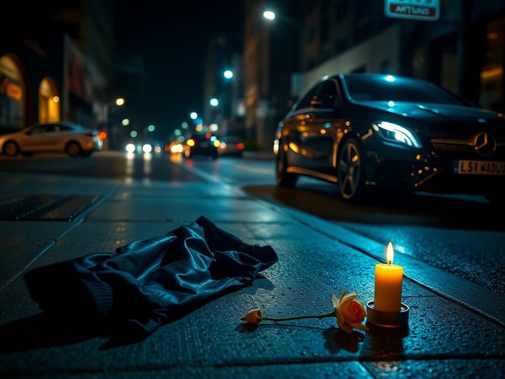 Flick International Dark street scene in Downtown Dallas with a sleek black Mercedes and an abandoned black jacket symbolizing loss
