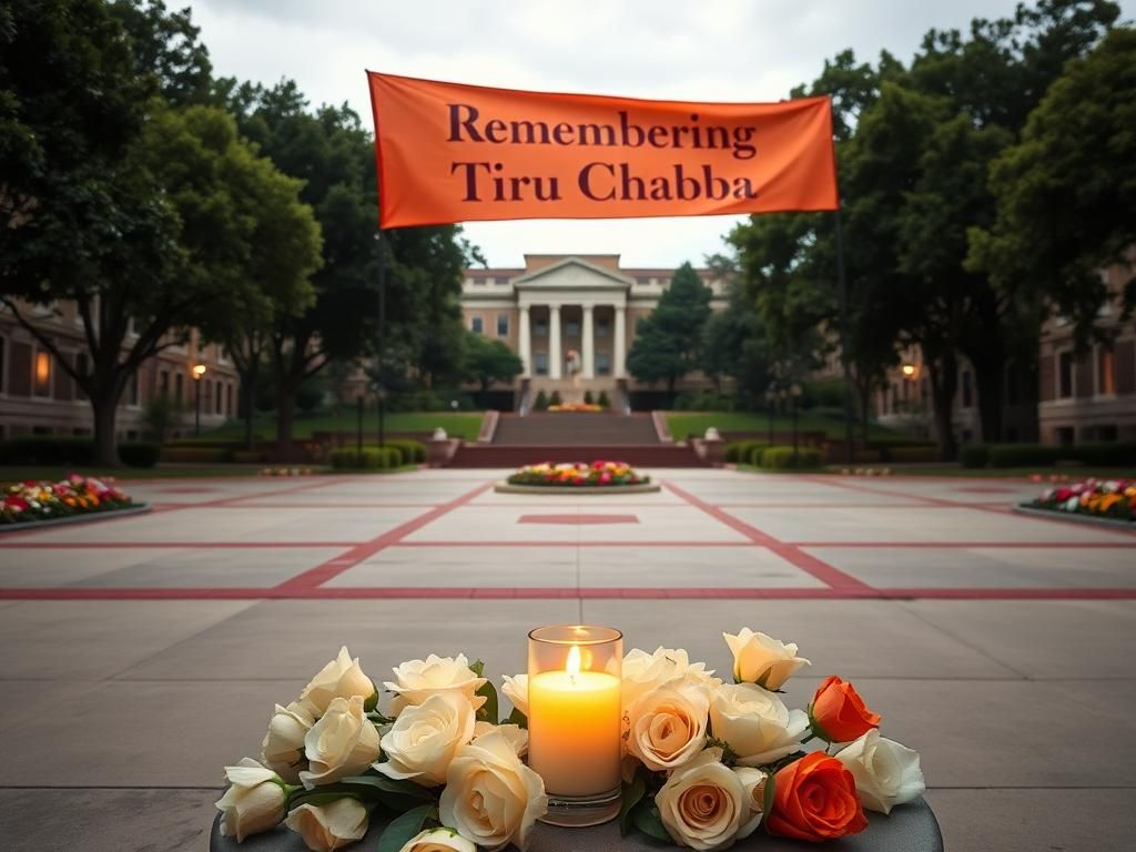 Flick International A serene view of Florida State University campus with a candle and flowers honoring Tiru Chabba