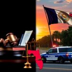 Flick International Dramatic split image depicting courtroom tension and Florida law enforcement symbols