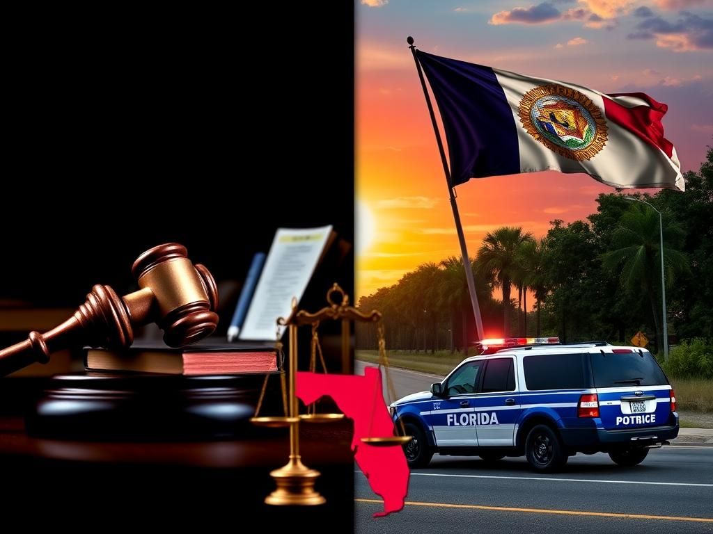 Flick International Dramatic split image depicting courtroom tension and Florida law enforcement symbols