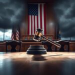 Flick International Courtroom scene with gavel, American flag, and blurred legal books symbolizing justice and immigration policies