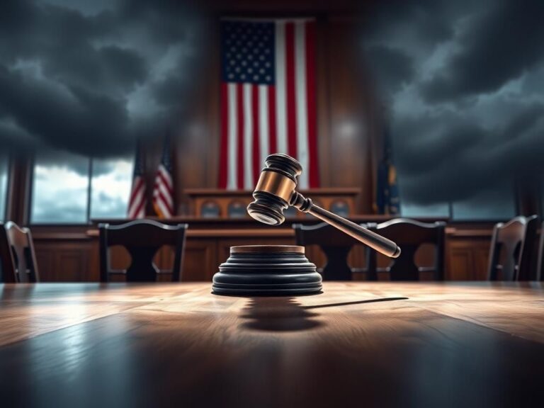 Flick International Courtroom scene with gavel, American flag, and blurred legal books symbolizing justice and immigration policies
