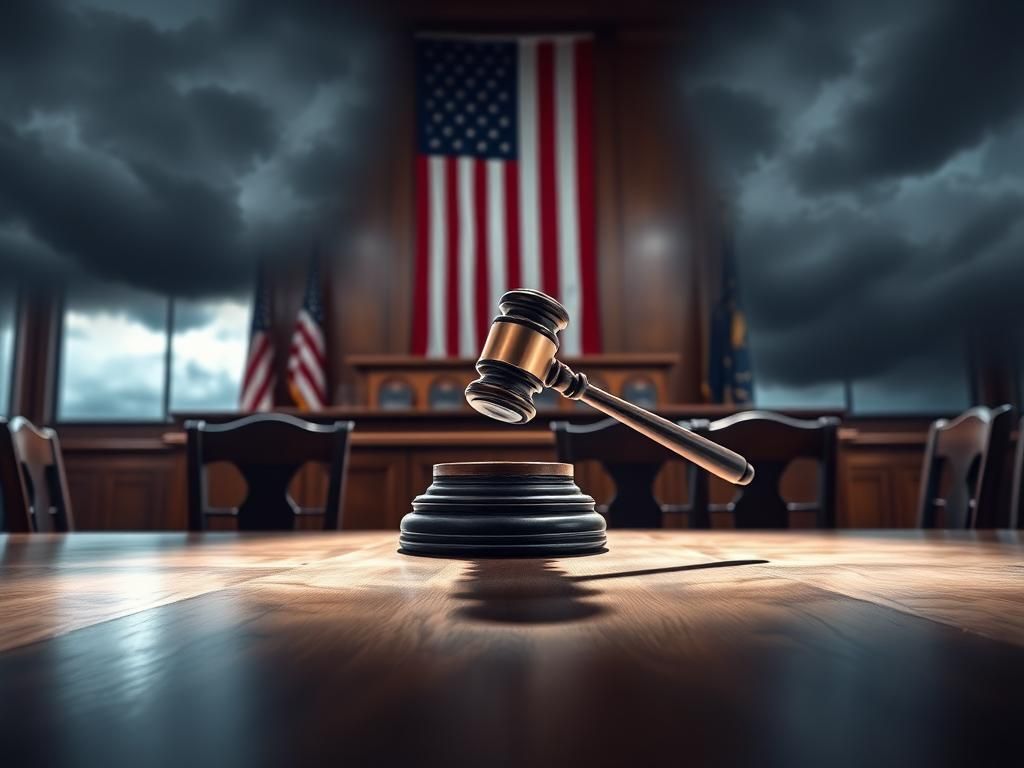 Flick International Courtroom scene with gavel, American flag, and blurred legal books symbolizing justice and immigration policies