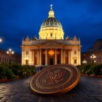 Flick International A serene view of St. Peter's Basilica at twilight, illuminated against the sky