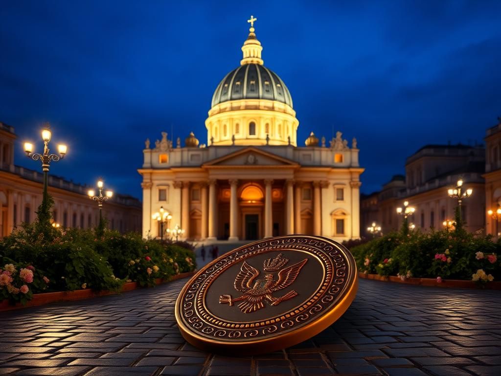 Flick International A serene view of St. Peter's Basilica at twilight, illuminated against the sky