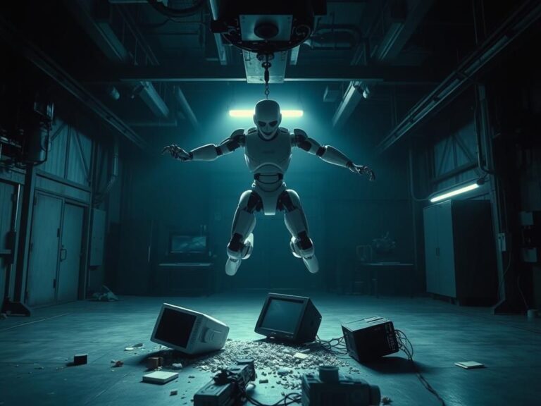 Flick International humanoid robot in attack position in a factory environment