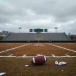 Flick International Empty football field under a grey sky representing Akron Zips' postseason ban