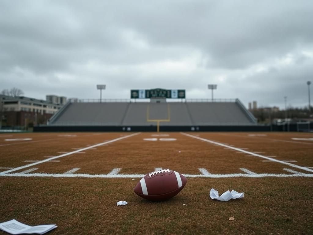 Flick International Empty football field under a grey sky representing Akron Zips' postseason ban
