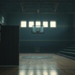 Flick International Empty high school gymnasium with worn basketball court and shadows