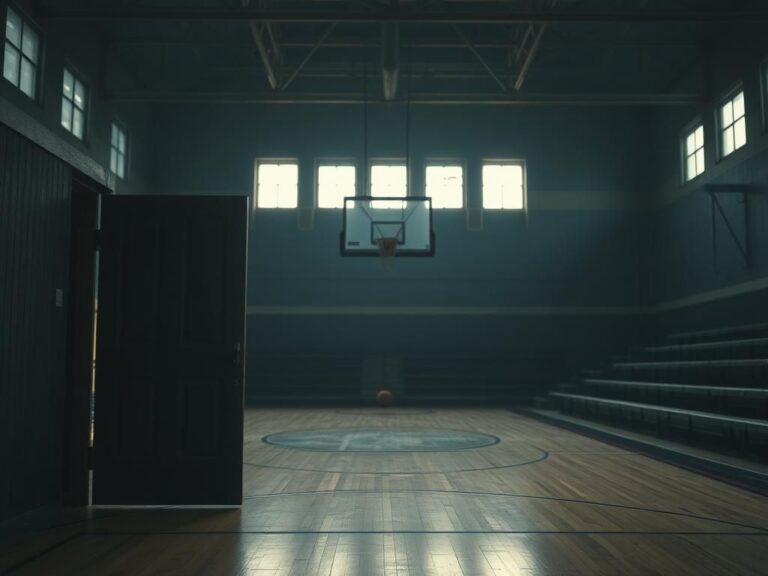 Flick International Empty high school gymnasium with worn basketball court and shadows