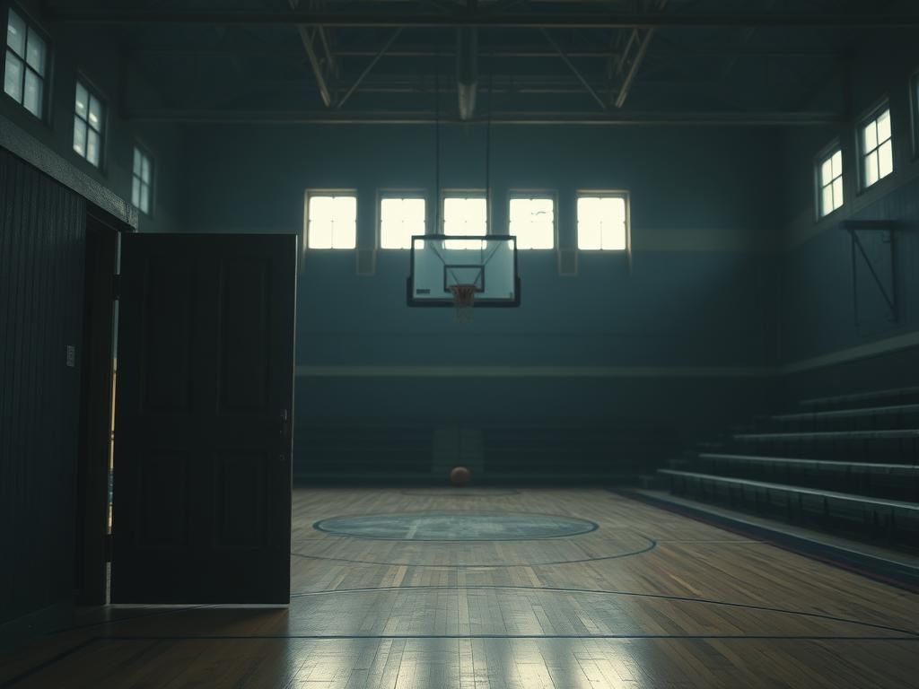 Flick International Empty high school gymnasium with worn basketball court and shadows