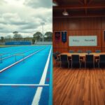 Flick International High school athletic field contrasting with a school board meeting room