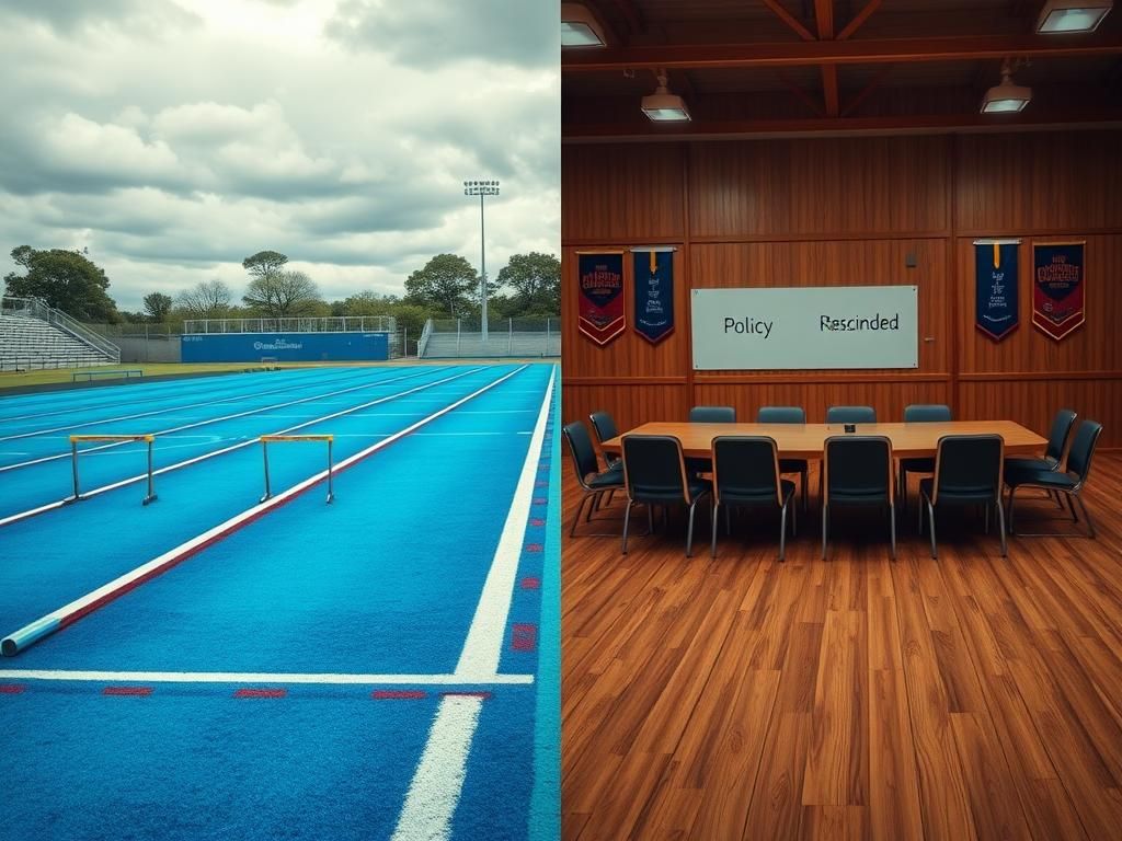 Flick International High school athletic field contrasting with a school board meeting room