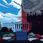 Flick International A split scene of the U.S. Capitol juxtaposed with political unrest symbols