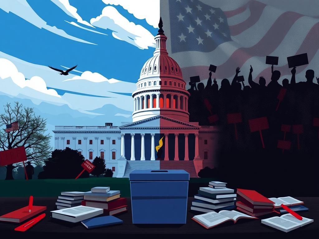 Flick International A split scene of the U.S. Capitol juxtaposed with political unrest symbols