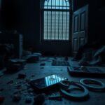 Flick International Cluttered room with broken cellphone and abandoned handcuffs symbolizes evidence destruction