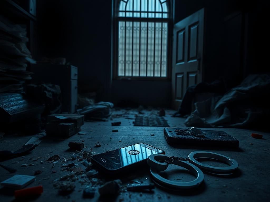 Flick International Cluttered room with broken cellphone and abandoned handcuffs symbolizes evidence destruction