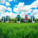 Flick International Electric vehicle charging station amidst a landscaped area