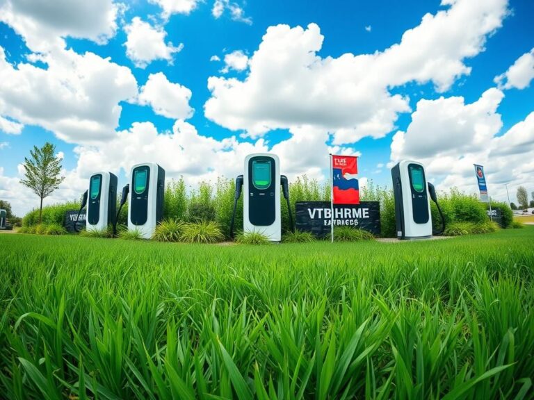 Flick International Electric vehicle charging station amidst a landscaped area