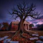 Flick International A somber landscape featuring a weathered courthouse building and a gnarled tree representing perseverance.